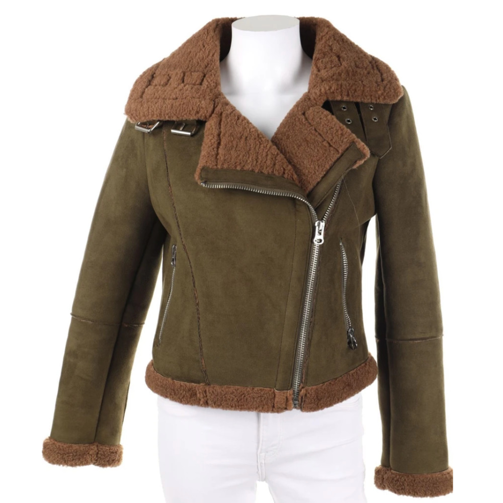 ZARA olive green brown faux suede/sherpa teddy moto jacket Sz. XS